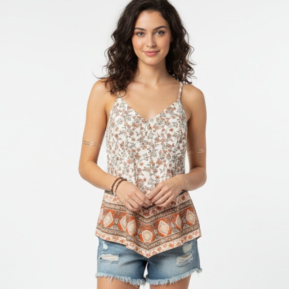 Xhiliration Tank Top Babydoll Y2K Boho Festival Hippie Floral White Orange L